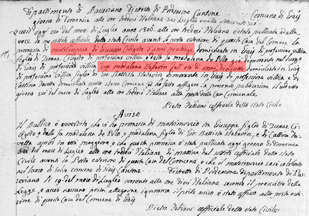 Maddalena Stabarin nel 1806 si sposa a diciasette anni